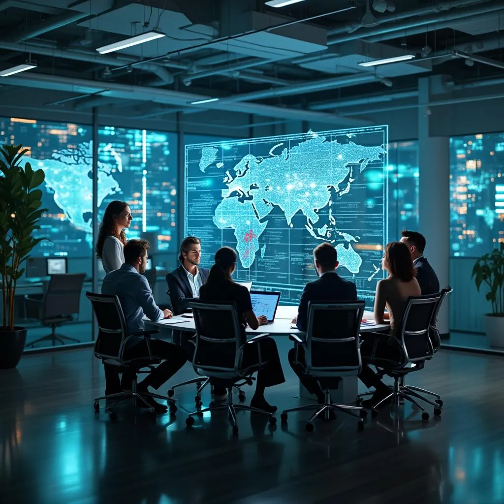 Equipo de consultoría colaborando en un entorno futurista